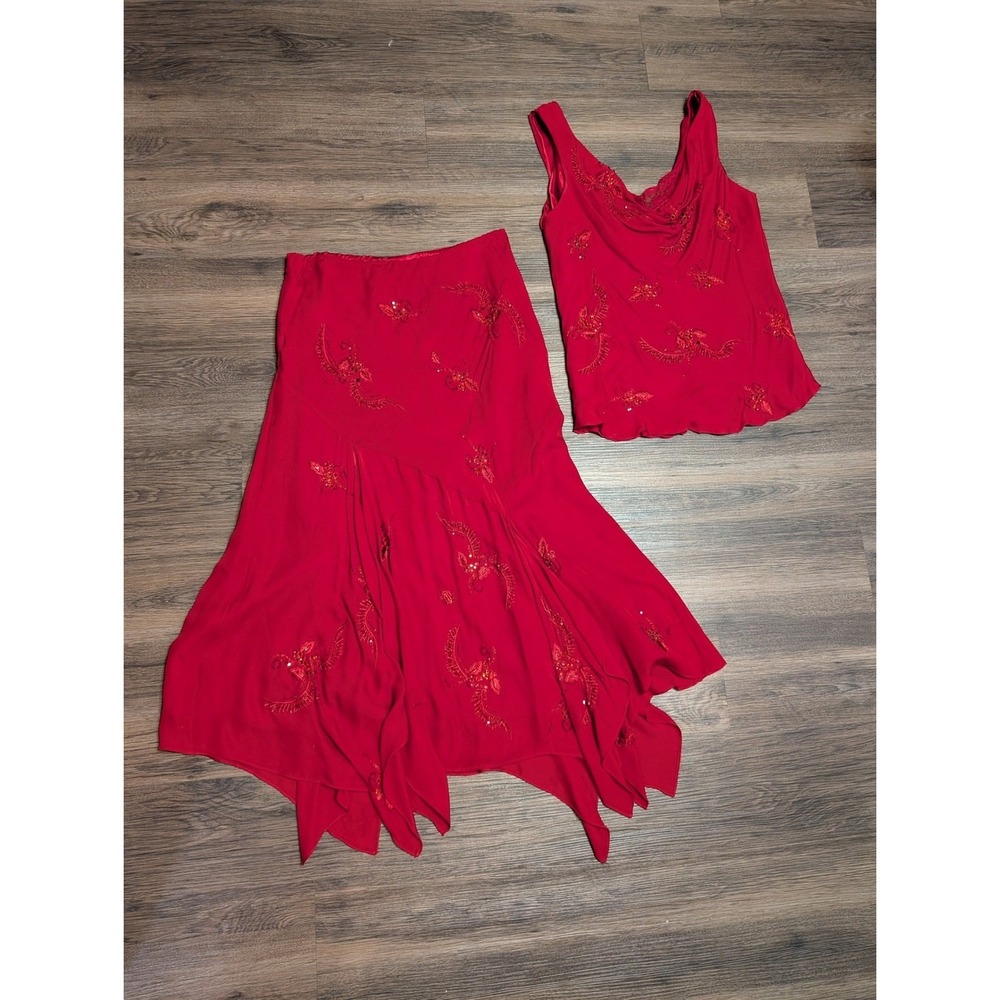 I.C.E. Vintage Rare Red 100% Silk Beaded 2 Piece Skirt Set Fairycore M